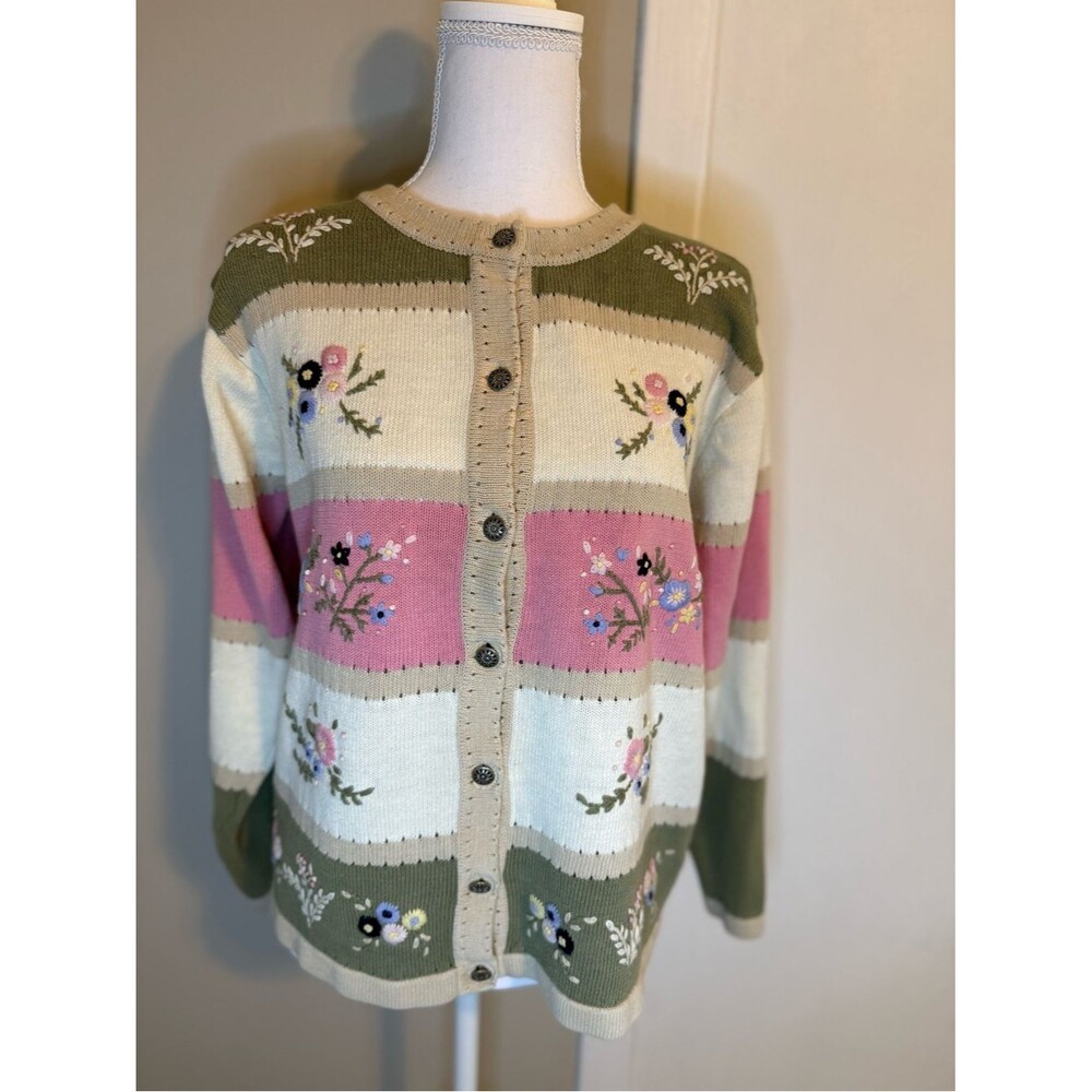 Vintage Northern Reflections Floral Embroidered Striped Cardigan Medium